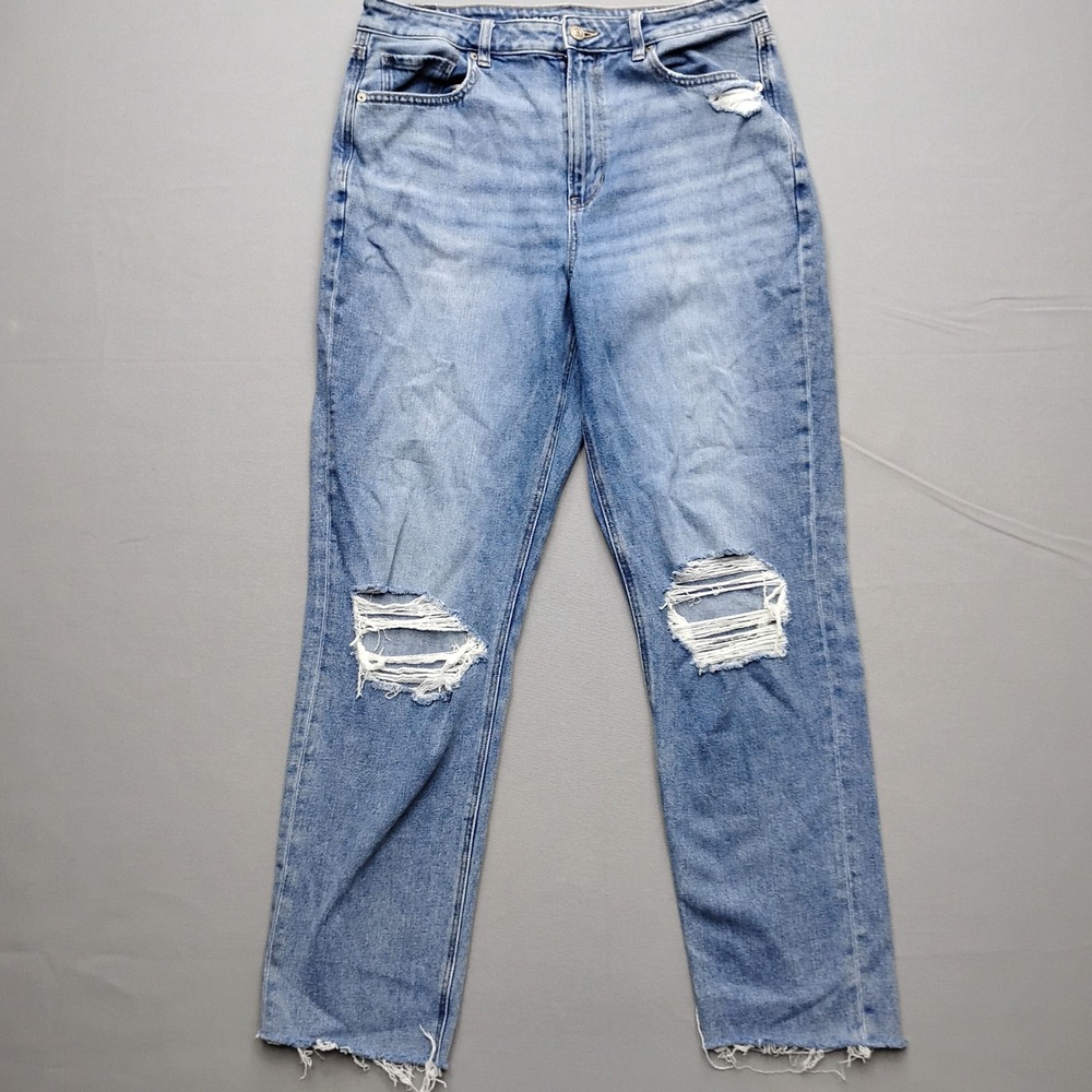 American Eagle Mom Jean High Rise Distressed Denim Blue Size 12 Raw Hem